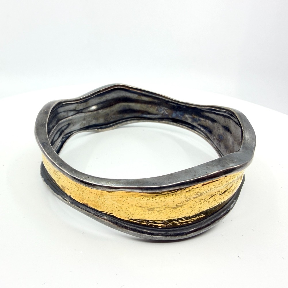 Artisan Two Tone Hammered Cuff Bracelet - Silver & Gold Wave Design